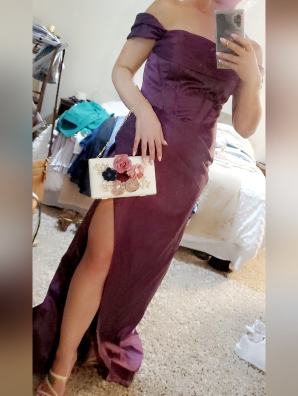 One-Shoulder Plum Evening Gown with High Slit